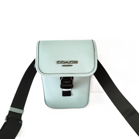 Coach CAJ42 Racer Phone Crossbody Smooth Leather Bag Mens Light Blue - Picture 1 of 8